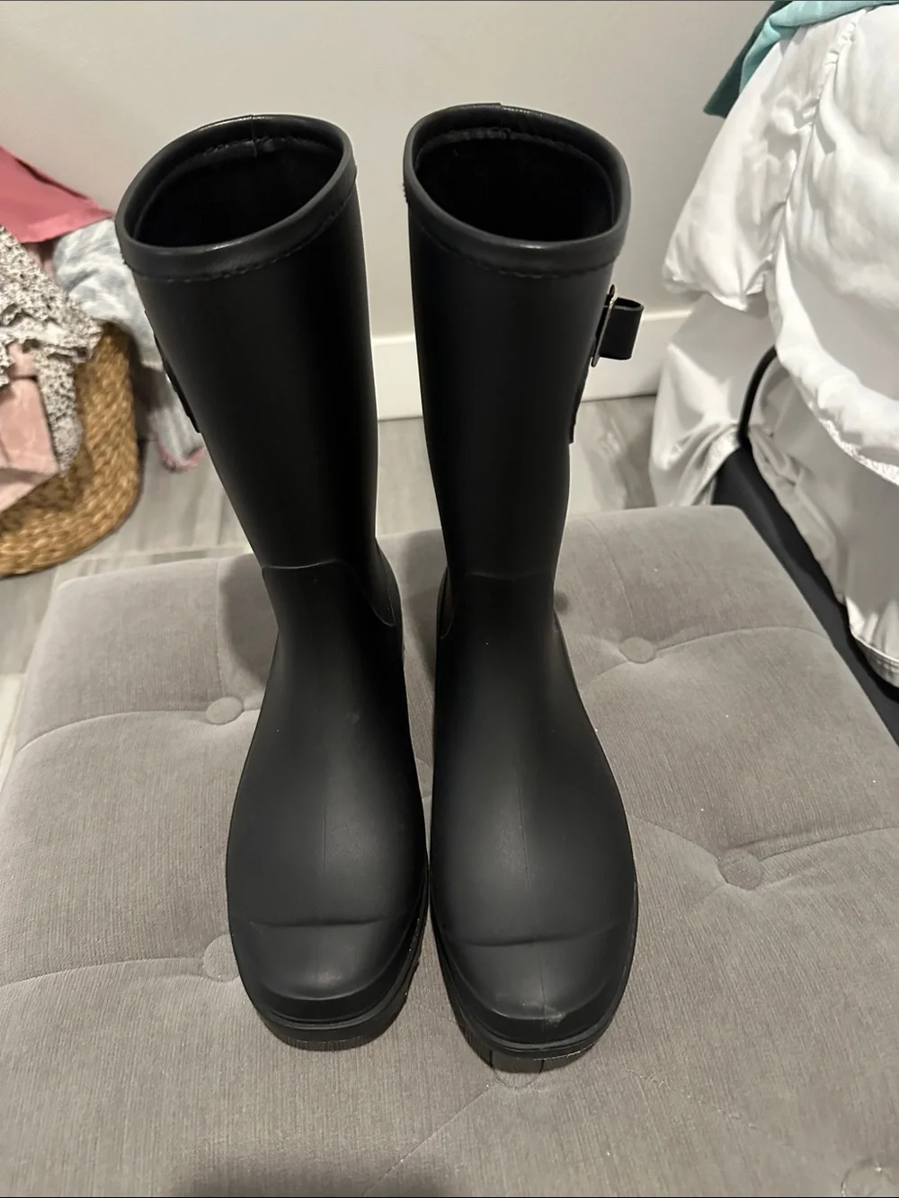 Women's Black Waterproof Mid-Calf Rain Boots with Buckle Accent